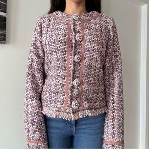 EsQualo Tweed Cropped Jacket Pink Preppy Chic Statement Buttons